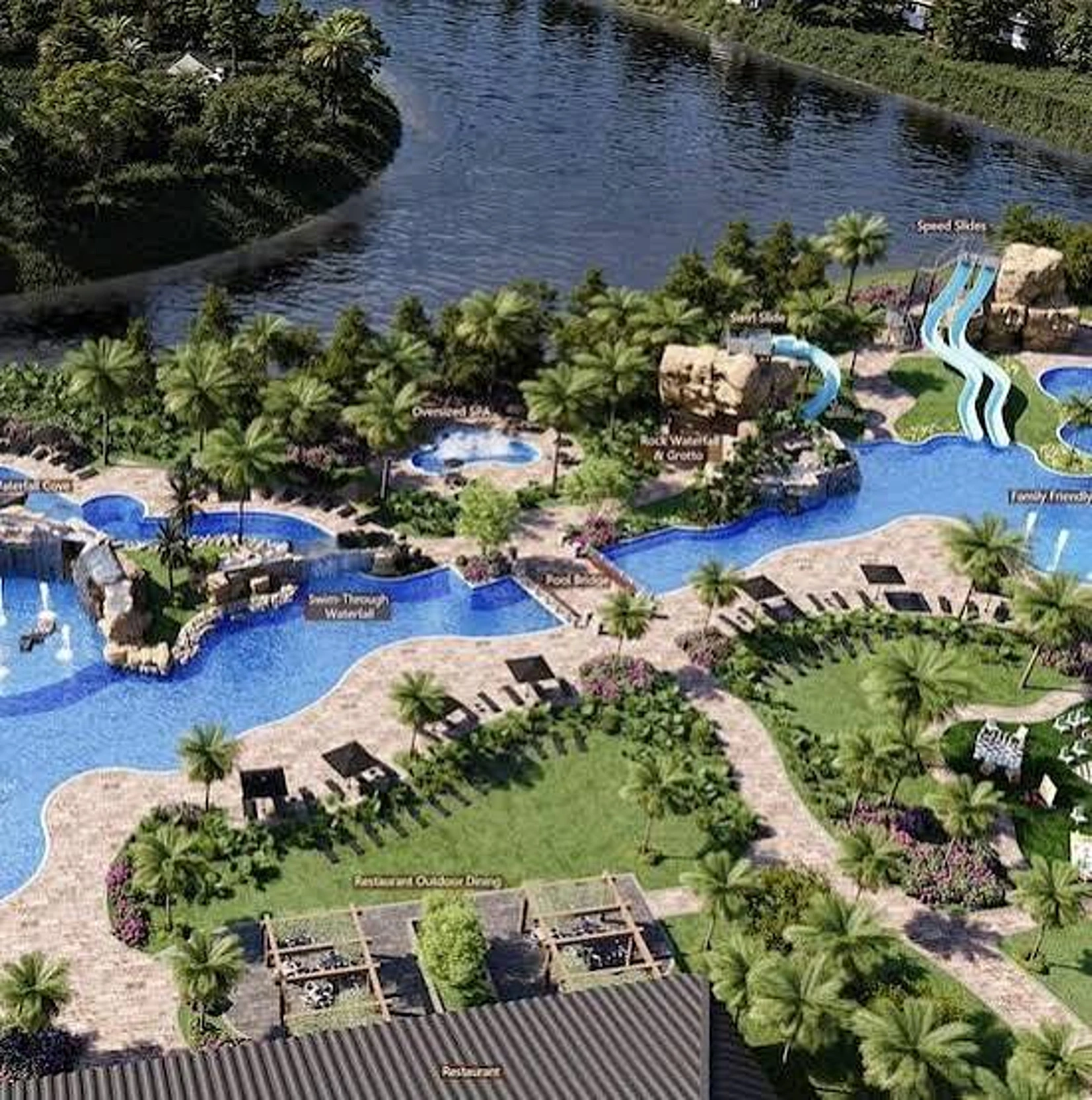 Kingston Estero resort-style amenity center with lagoon pool and water slides